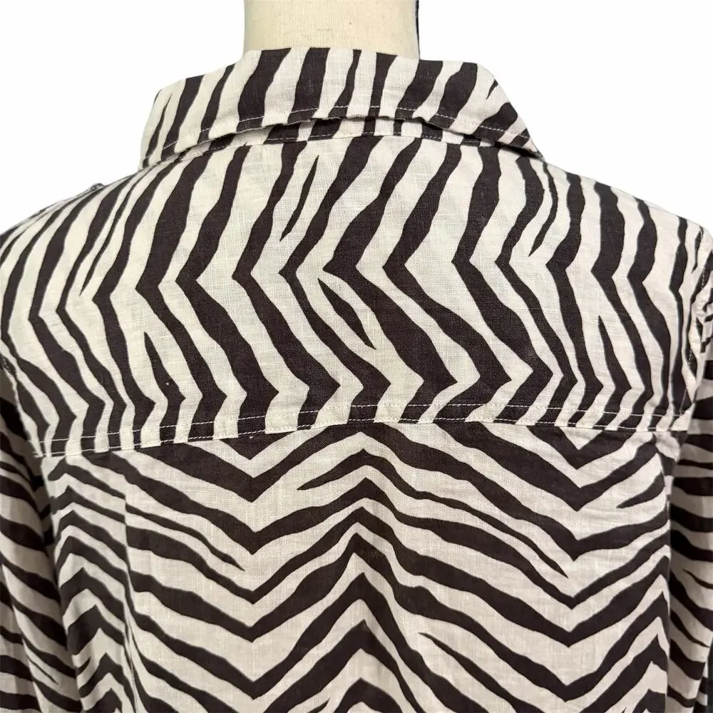 Tahari Wmn Cream Zebra Print 100% Linen Lagenlook Roll Tab Sleeve Tunic Top Sz L - Picture 4 of 5